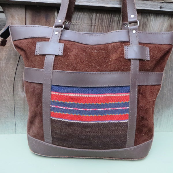 Vintage Zarape Indian Blanket and Tooled Leather Bag Shopper Tote Bag Ethnic Purse Handbag HIppie Boho