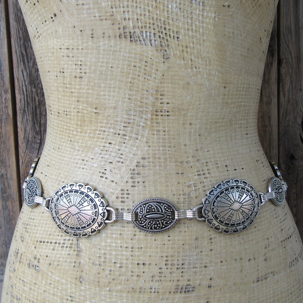 80s 90s Metal Concho Belt | Faux Silver Southwest Cowgirl Cowboy | Silver Pewter Tone Chain Belt | Metal Waist Belt | L Plus Size 29 to  46