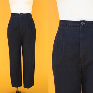 90s Black High Waist Pleated Linen Cotton Blend Trousers | Minimal Dark Academia Black Pants Slacks | Business Casual | 30 Waist