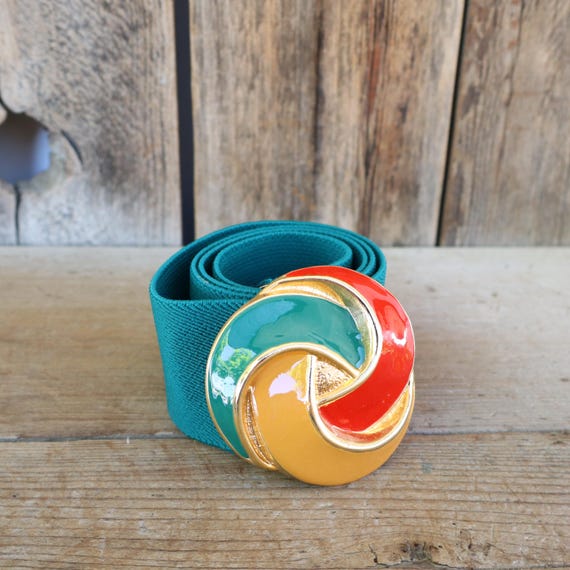 80s Orange Teal Green Wide Waist Belt | Stretch Belt | Color  display picture 1