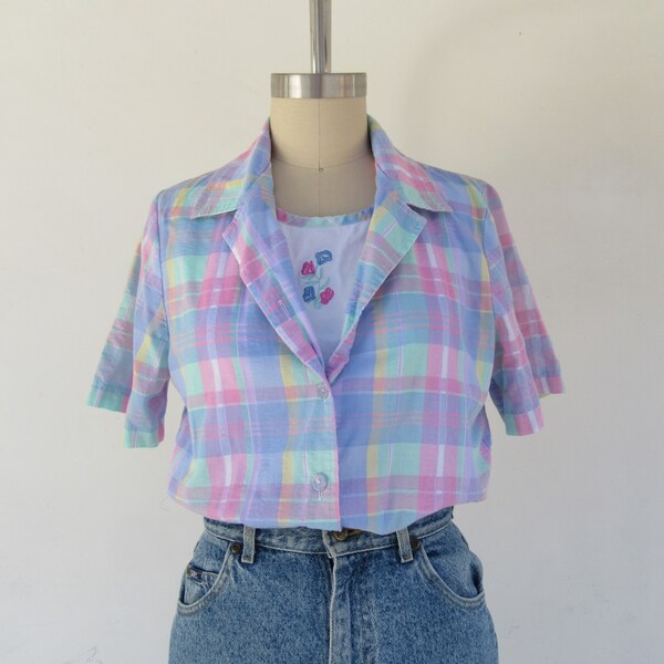 80s 90s Button Front Cotton Blend Checkered Floral Cottagecore Blouse | Plaid Embroidered Button Down Shirt Top | S M