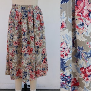 90s Linen Cotton Blend Cottagecore Floral Midi Skirt | Pleated High Rise Flower Print Skirt | High Waisted Prairie Skirt | 30 to 32