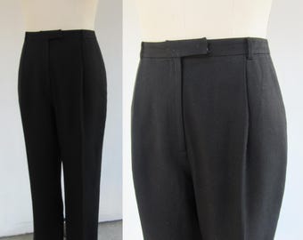90s Black All Wool Pleated High Waist Trousers | Minimal High Rise Business Casual Slacks | Dark Academia | Size 12 | 31 Waist