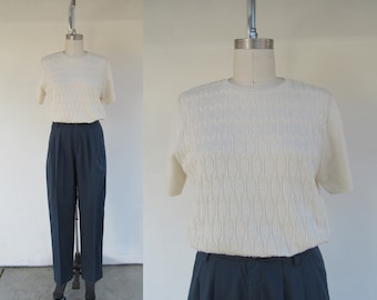 90s Vanilla Cream Sweater Top | Knit Short Sleeve Sweater | Neutral Knit Shell Top | Capsule Wardrobe | Minimalist Sweater Top | L