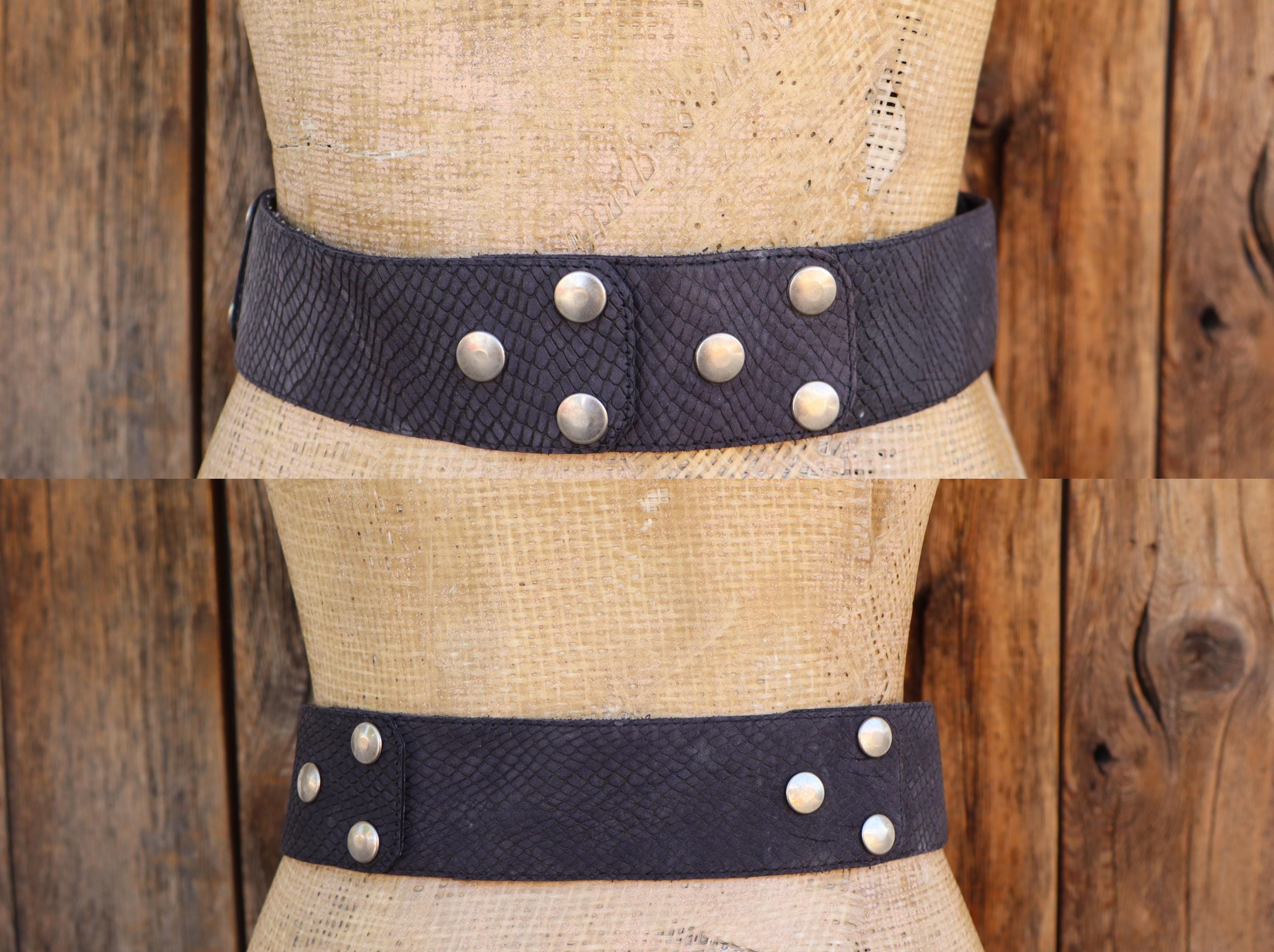 80s 90s Wide Black Snake Print Waist Snap Punk Leather Belt 