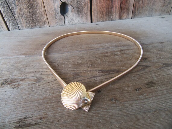1980s 90s Gold Metal Shell Buckle Stretch Belt | Art Deco  display picture 1