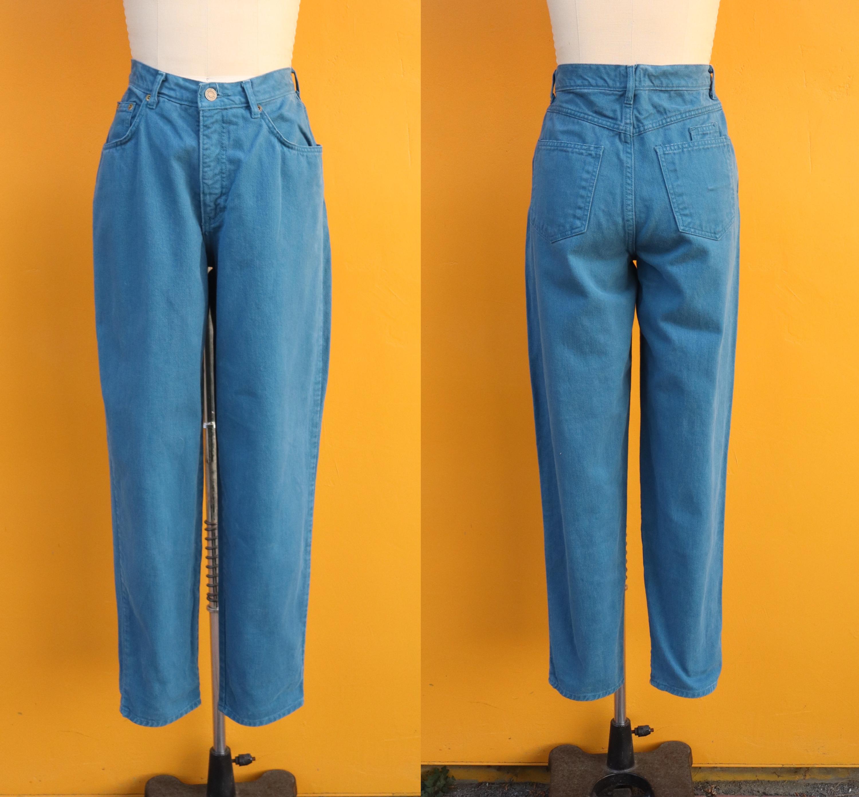 90s Teal Blue Denim High Waist Five Six Pocket Mom Jeans | Tapered