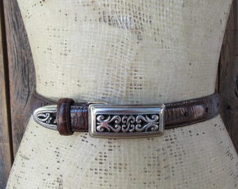 1990s Croco Brown Leather Brighton Belt | Ornate Buckle Moc Croc Leather Trouser Belt | 90s Minimal Skinny Leather Belt | S 25 to 30