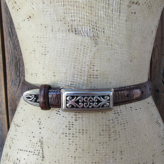 Vintage Brighton Brown Moc Croc Leather Belt Ornate Silver Buckle Large 34 1990s Croco Brown Leather Brighton Belt | Ornate Buckle Moc  main image 3