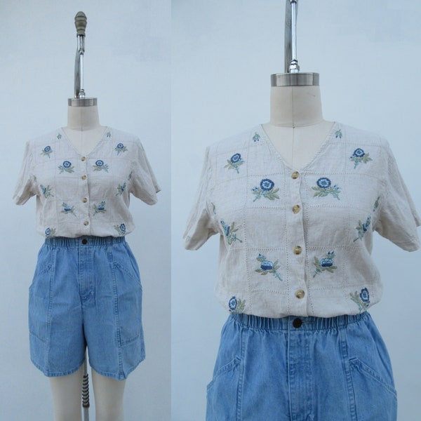 90s Cotton Blend Button Front Embroidered Cottagecore Blouse | Flower Floral Pointelle Boxy Fit Blouse Top Shirt | XL