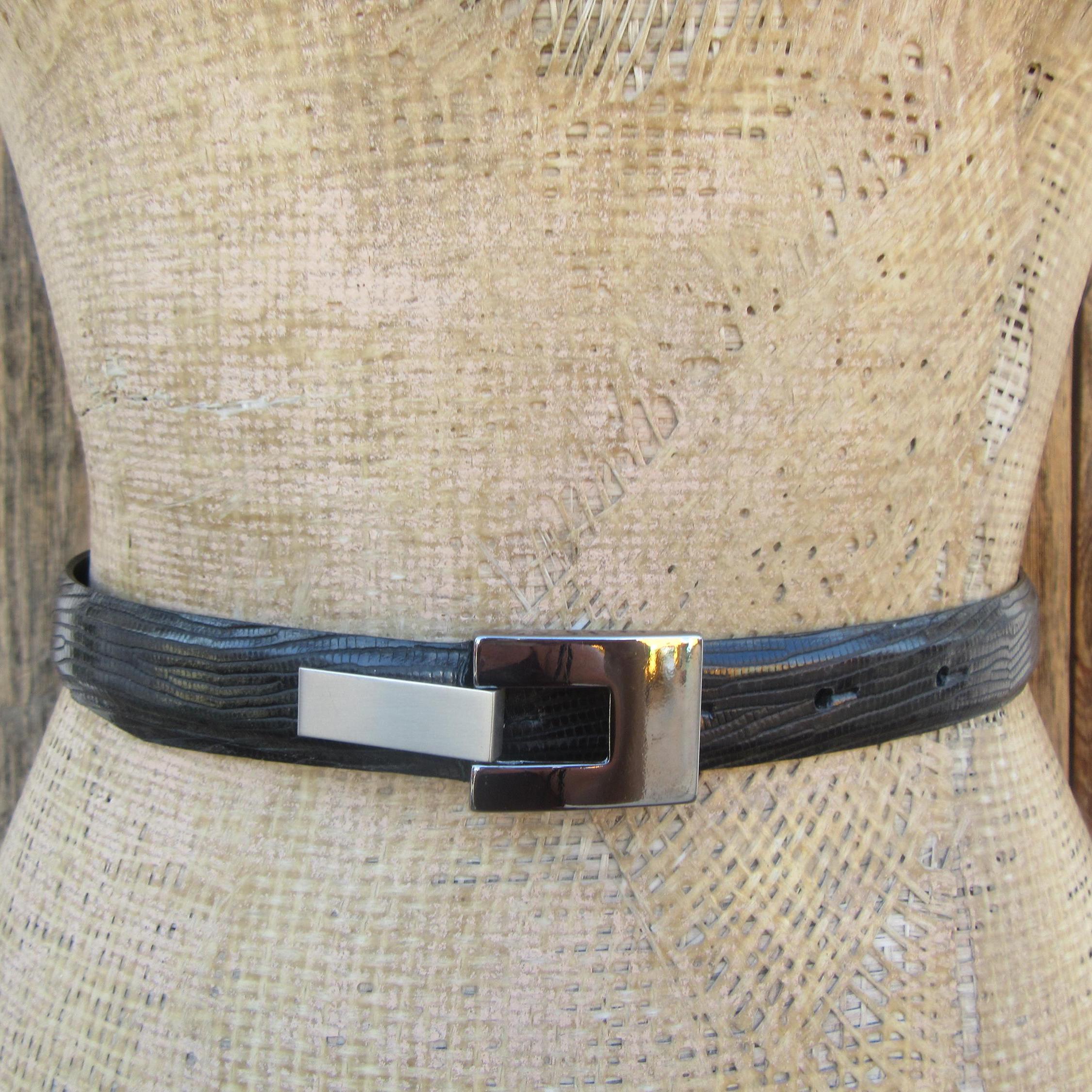 Vintage black lizard belt 25-29.5” wide belt 90s Black Lizard Grain Leather Skinny Belt | Black  main image 3
