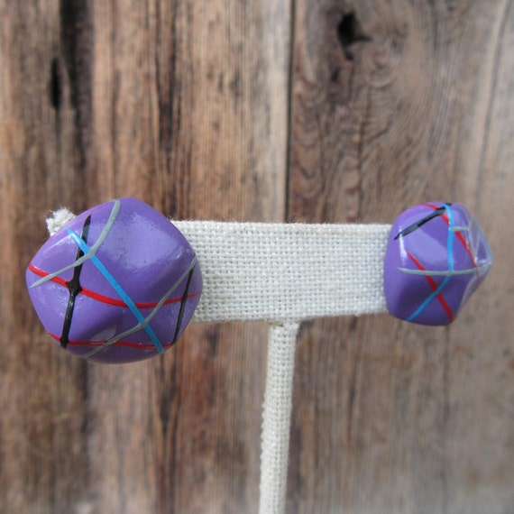 80s Purple Resin Button Earrings | Criss Cross Me… - image 1