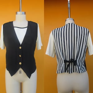 90s Rayon Striped Black and White Button Front Vest Top | Waistcoat Shirt | Officecore 1990s Button Down Business Casual Blouse | Medium