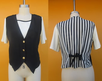 90er Jahre Gestreiftes Schwarz-Weiß-Weste-Oberteil mit Knopfleiste | Weste Shirt | Officecore 1990er Jahre Button Down Business Casual Bluse | Mittel
