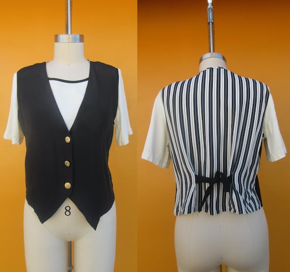 90s Rayon Striped Black and White Button Front Vest Top | Waistcoat Shirt | Officecore 1990s Button Down Business Casual Blouse | Medium
