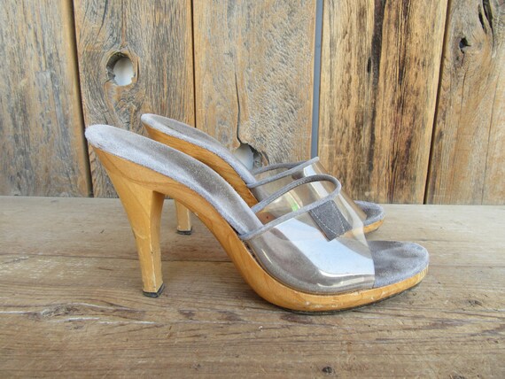 70s Wood Heel Transparent Jelly Slides Sandals Pl… - image 7