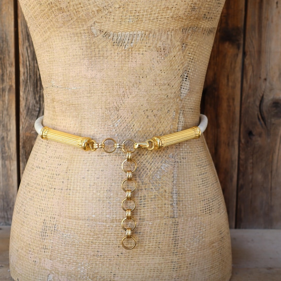70s 80s Leather Cord Belt With Gold Chain Skinny Leather Belt