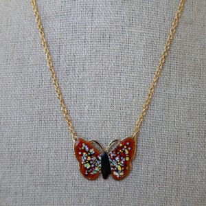 80s Gold Chain Necklace | Speckled Orange Cloisonne Butterfly Necklace | Statement Jewelry | 70s Necklace