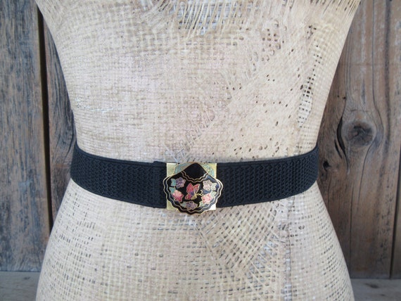 80s Black Stretch Belt | Cinch Belt | Cloisonne Enamel  display picture 2