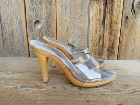 70s Wood Heel Transparent Jelly Slides Sandals Pl… - image 2