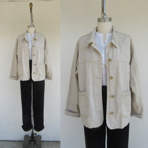 90s Minimalist Oatmeal Linen Cotton Blend Duster J