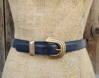 80s 90s CALDERON Navy Blue Leather Trouser Belt | Navy Blue  display picture 1