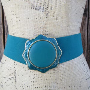 80s Aqua Stretch Belt | Wide Waist Belt | Elastic Belt | Resort Wear | Paisley Buckle 1980s Turquoise Blue Green Belt | 29 to 34