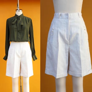 90s Oatmeal White Pleated High Waist Linen Look Bermuda Shorts | Longline High Rise Shorts | Minimal Minimalist Shorts | 26 to 28 Waist