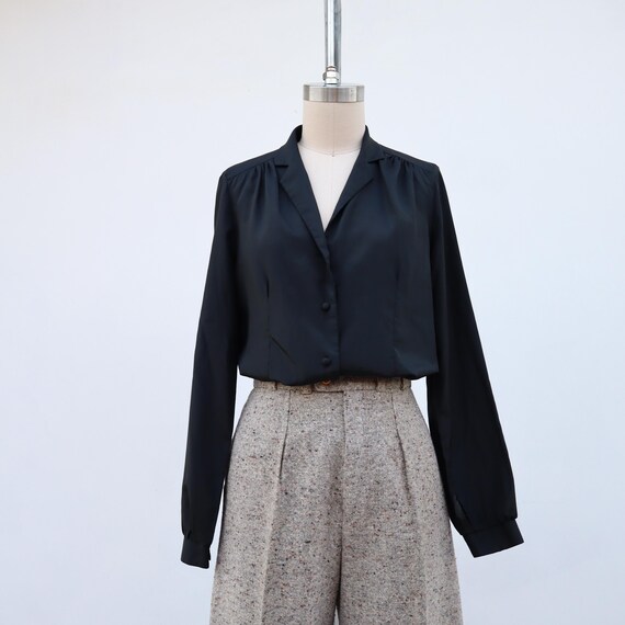 80s Black Button Front Button Blouse | Silky Butt… - image 4