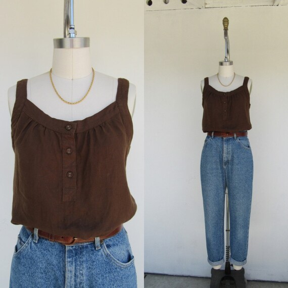 90s Brown Linen Tank Top | Shell Tank | Button Fro