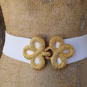 80s White Wide Waist Stretch Belt | Cinch Belt | Ornate Gold Tone Buckle Stretch Belt | Wide Elastic Waist Belt | 31 to 35