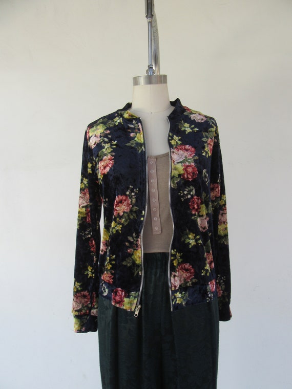 90s Crushed Velvet Floral Zip Front Jacket | Zip … - image 8