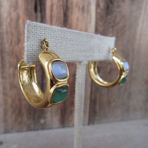 90s Gold Tone Hoops | Bejeweled Multicolor Cabochon Hoop Earrings | Chunky Lever Back Hoops | Modernist Wide Fat Hoops