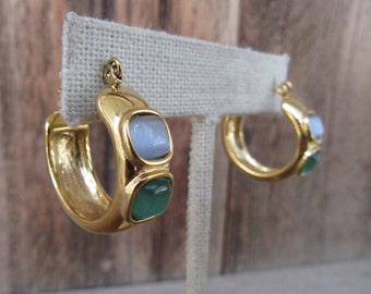 90s Gold Tone Hoops | Bejeweled Multicolor Cabochon Hoop Earrings | Chunky Lever Back Hoops | Modernist Wide Fat Hoops