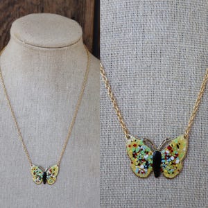 80s Gold Chain Necklace | Speckled Yellow Cloisonne Butterfly Necklace | Statement Jewelry | 70s Necklace