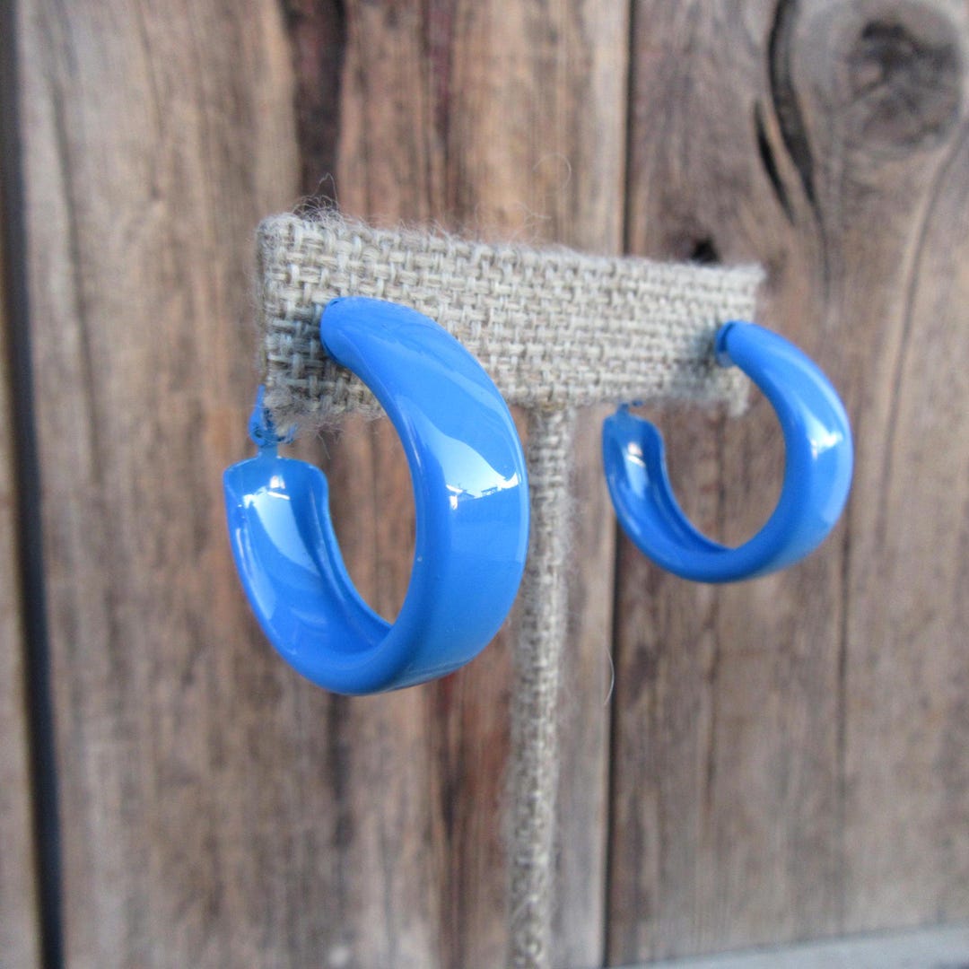80s Fat Hoop Earrings | Blue Enamel Hoop Earrings | Lever Back Thick ...