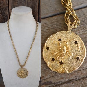 70s Scorpio Large Zodiac Medallion Pendant Necklace | Scorpion Gold Chain Necklace | Hippie Boho Mod Statement Necklace