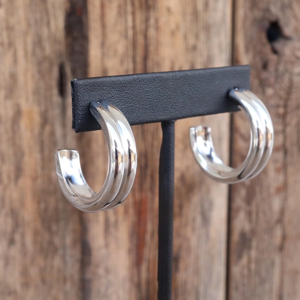 Créoles argentées des années 90 | Grosses boucles d'oreilles doubles créoles modernistes cannelées moyennes grandes