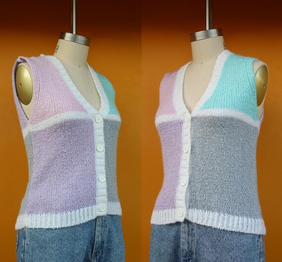 80s Pastel Color Block V Neck Button Front Cardig… - image 4