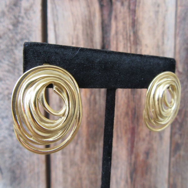 90s Gold Tone Earrings | Textured Oval Geo Geometric Earrings | Modernist Wire Swirl Pinwheel Earrings | Statement Earrings