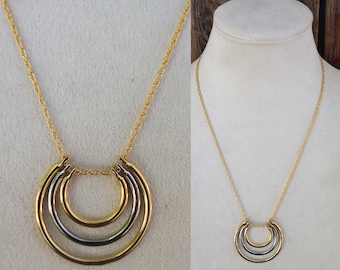 70s Mixed Metal Silver and Gold Tone Modernist Necklace | Geo Slider 18" Chain Pendant Necklace