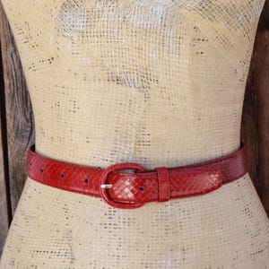 May include: A bright red belt with a textured snakeskin pattern and a matching red oval buckle. The belt features a series of evenly spaced circular holes for adjustment and a single belt loop to secure the end of the strap around the waist.