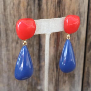 80s 90s Resin Dangle Earrings | Teardrop Ball Red and Blue Statement Earrings | Bauble Earrings