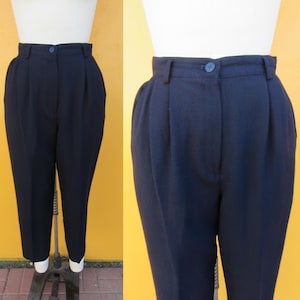 90s Navy Wool High Waist Pleated Tapered Trousers | Officecore Minimalist High Rise Slacks | Dark Academia Business Casual Pants | 27 Waist
