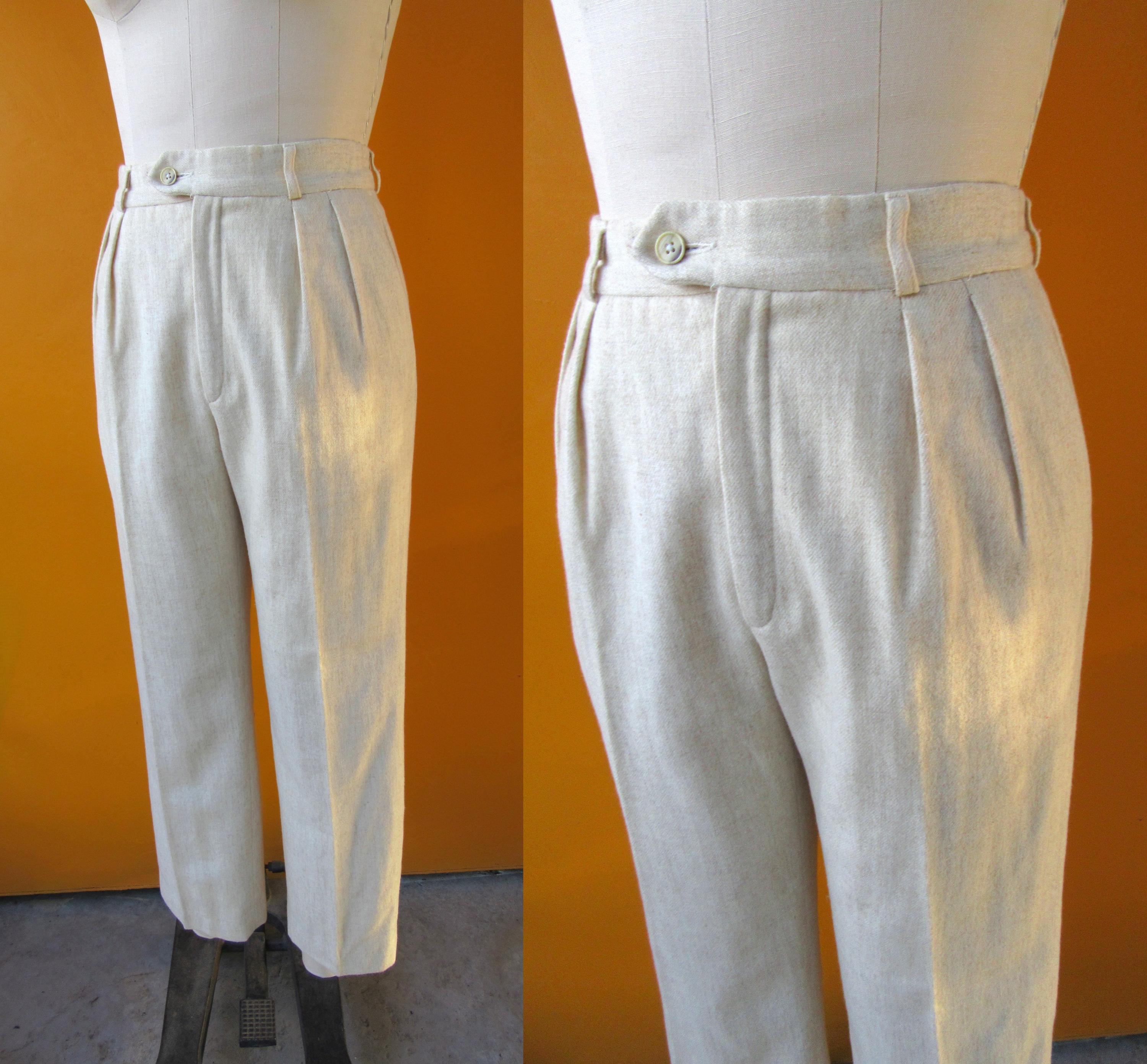 80s 90s High Waist Pleated Oatmeal Cream Wool Trousers