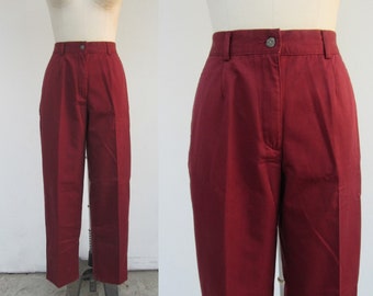 LL BEAN NOS Burgundy Cotton Blend High Waist Tapered Pleated Trousers | 90s Minimal High Rise Easy Pants | 25 to 29 | 30 inseam