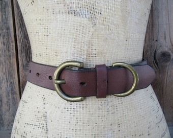 90s Burnished Brown Leather Brass Ring Belt | Simple Leather Belt | Chunky Leather Trouser Belt | Minimalist Unisex Belt | 32.5 to 38.5
