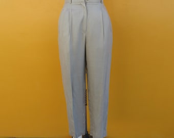 80s 90s Linen Look Khaki High Rise Waist Pleated Trousers 23 Waist