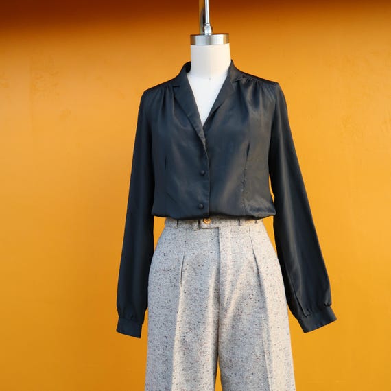 80s Black Button Front Button Blouse | Silky Butt… - image 1