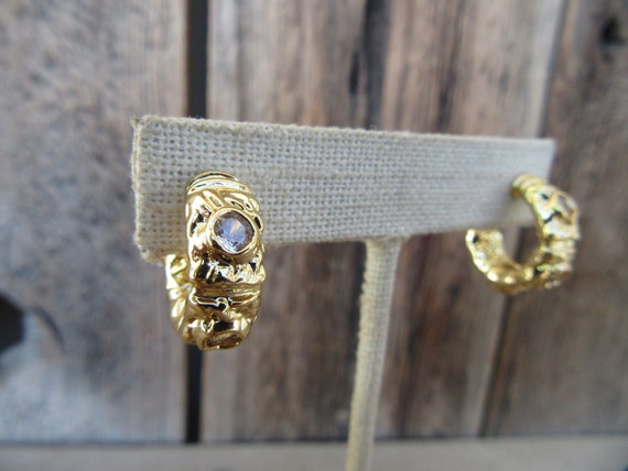 90s Gold Tone Textured Hoops | Bejeweled Rhinesto… - image 1